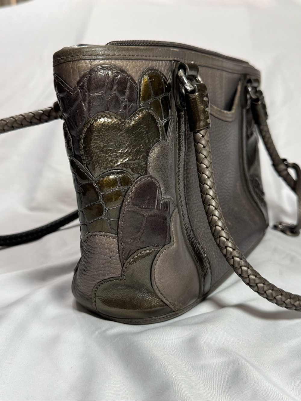 Brighton Braided Handle Leather Shoulder Bag in Metallic Taupe Gray Vintage